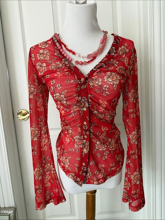 Tops - Sheer Red Floral Button-Front Women’s Top